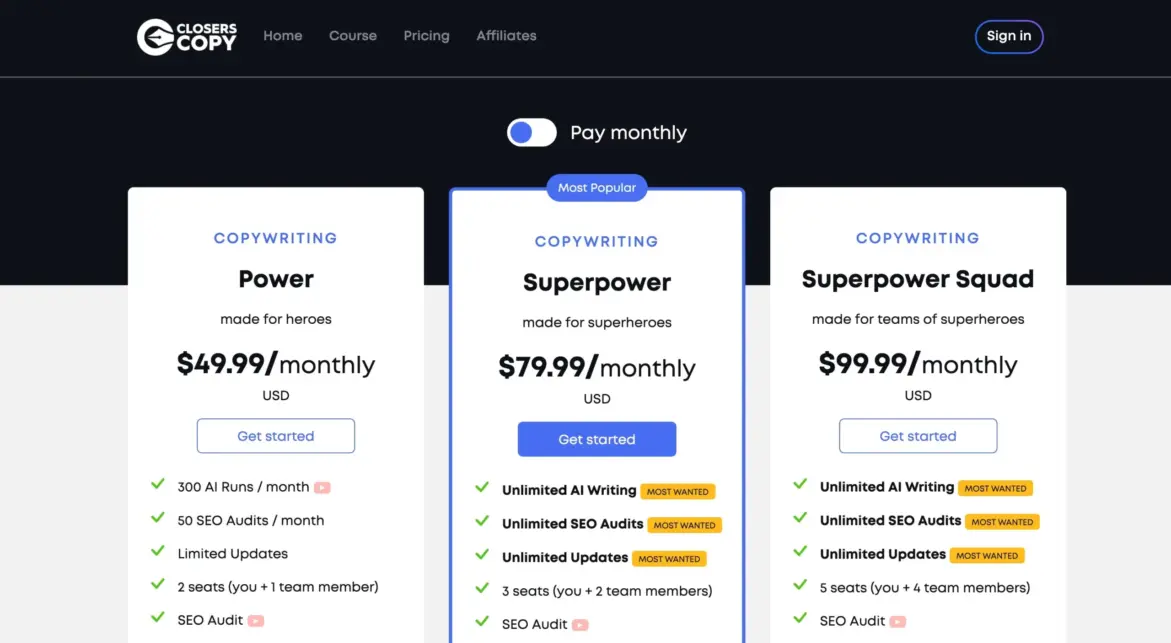 ClosersCopy - Pricing