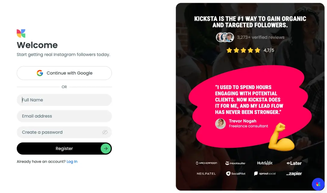 Create account with kicksta