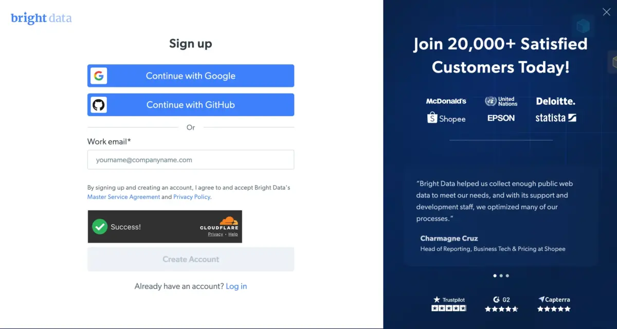 Sign up with your email on Bright Data