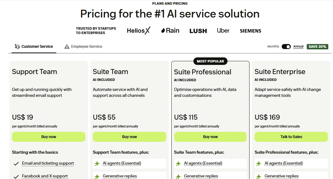 Zendesk Plans (Annual Billing)
