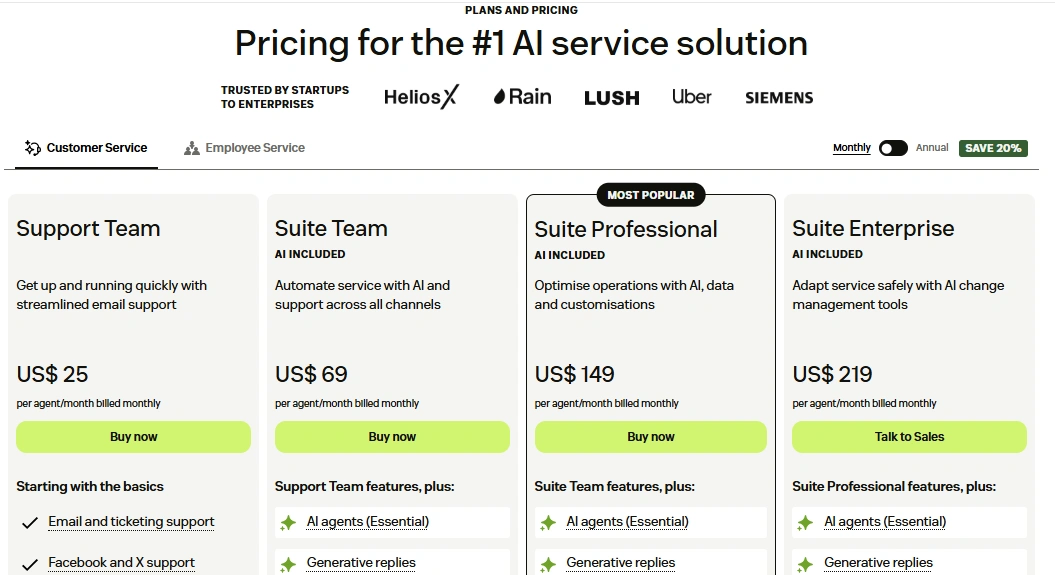  Zendesk Plans (Monthly Billing)