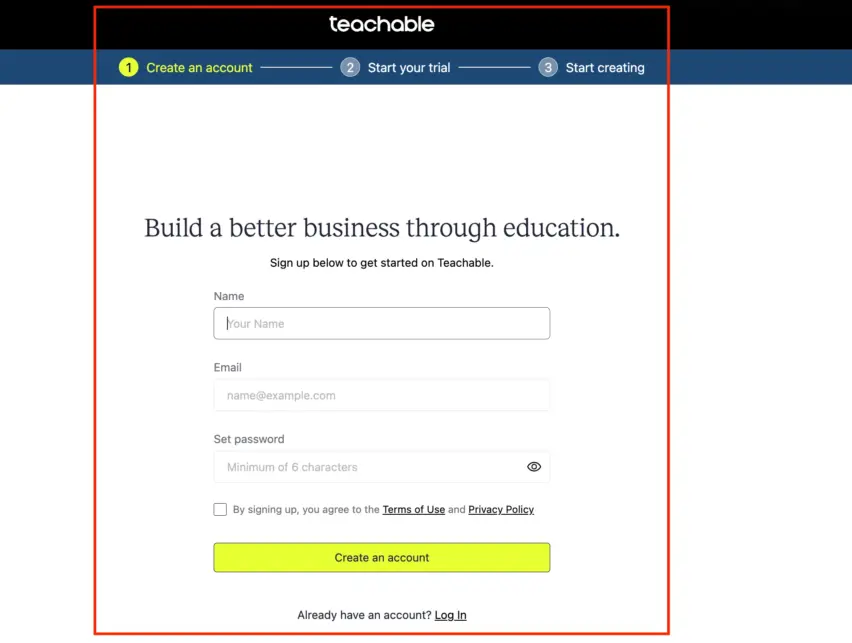 Create a Teachable account with correct details