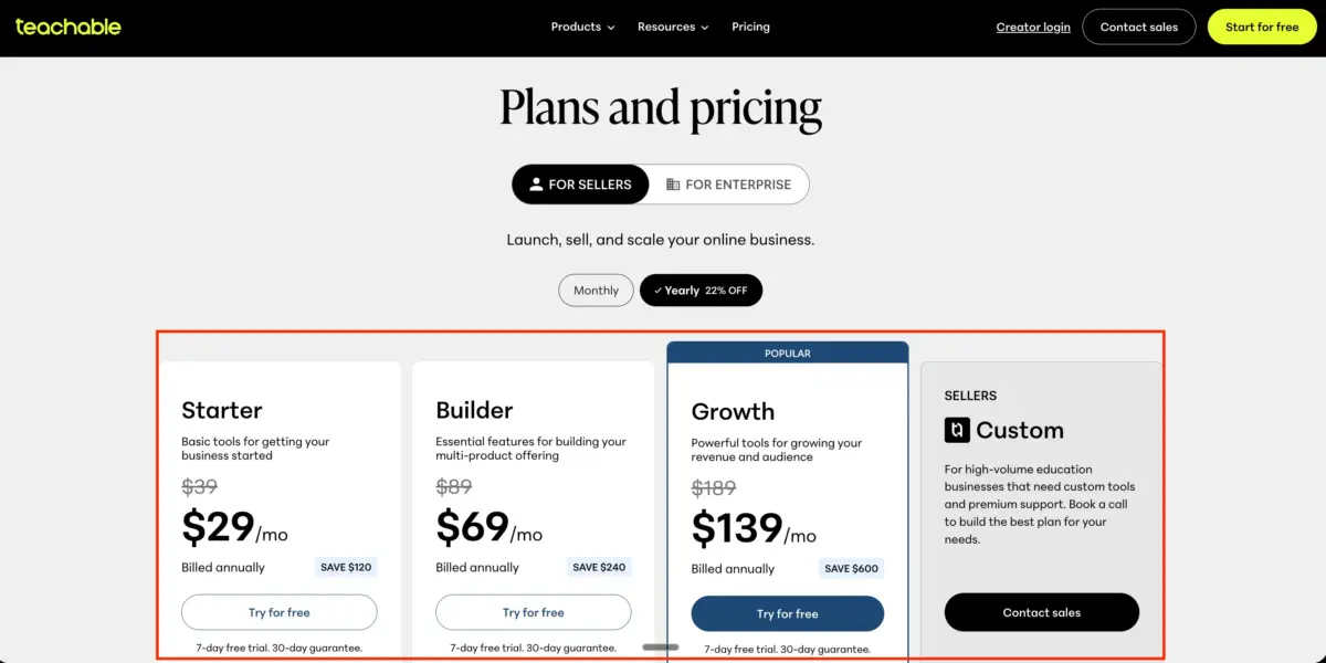 Official Page of Teachable Pricing