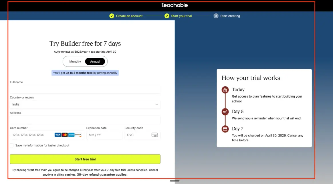 To Claim Teachable discount, add card details