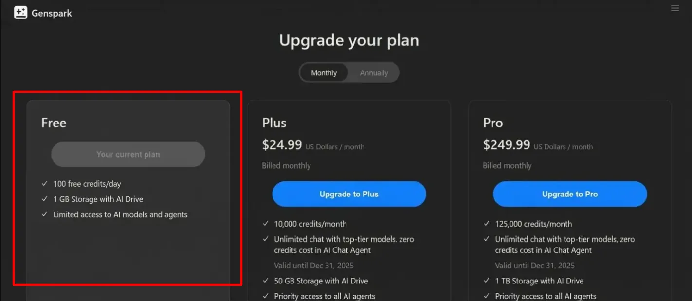 genspark pricing free plan