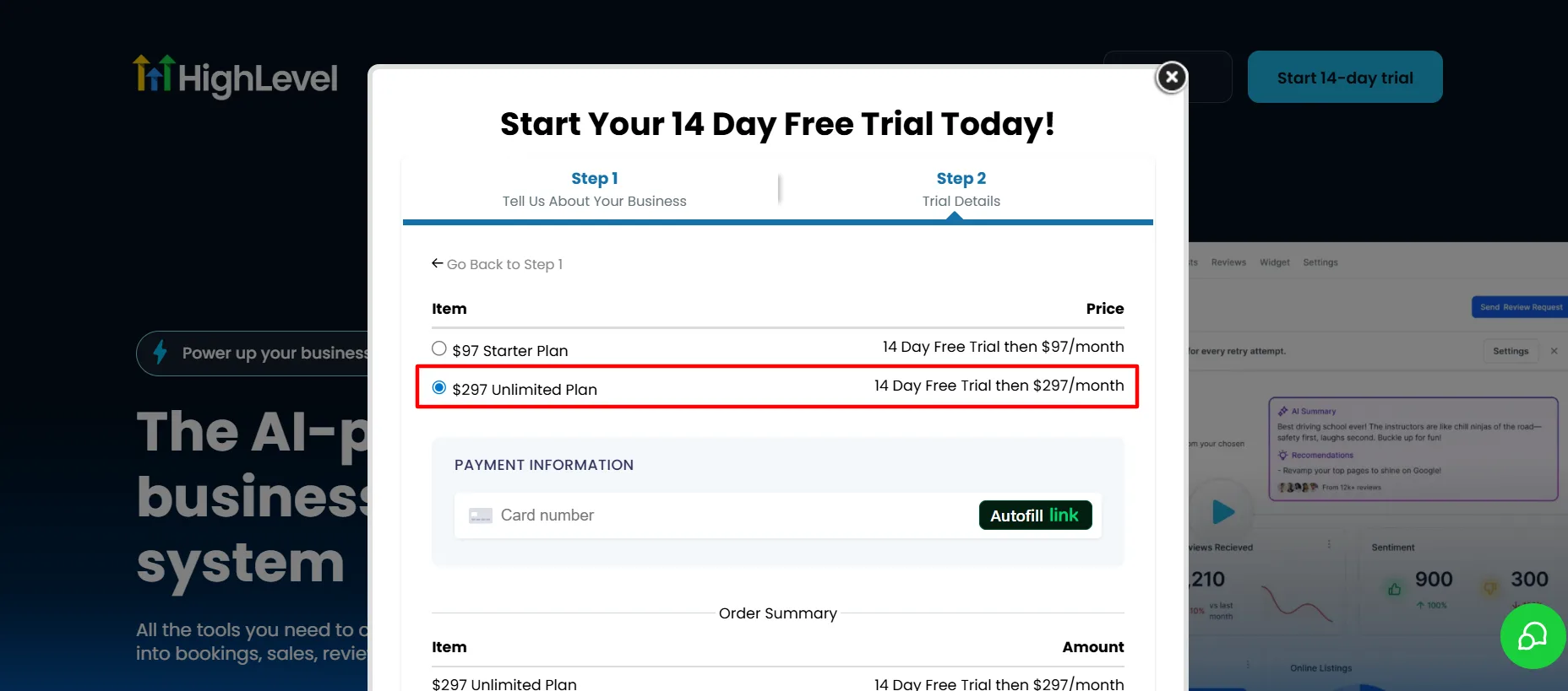 Gohighlevel signup step 2
