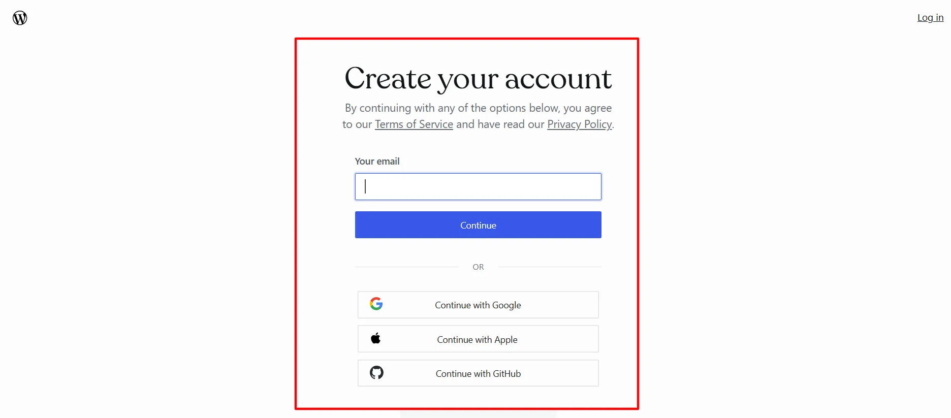 Wordpress account creation