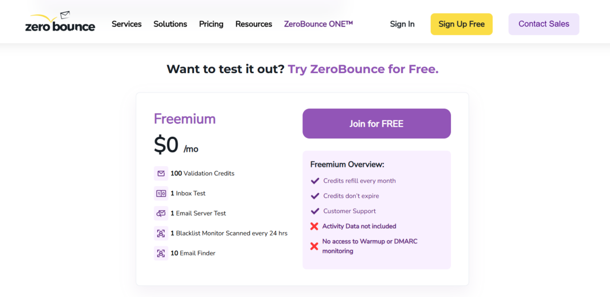 Zero-bounce Free Account — $0/month