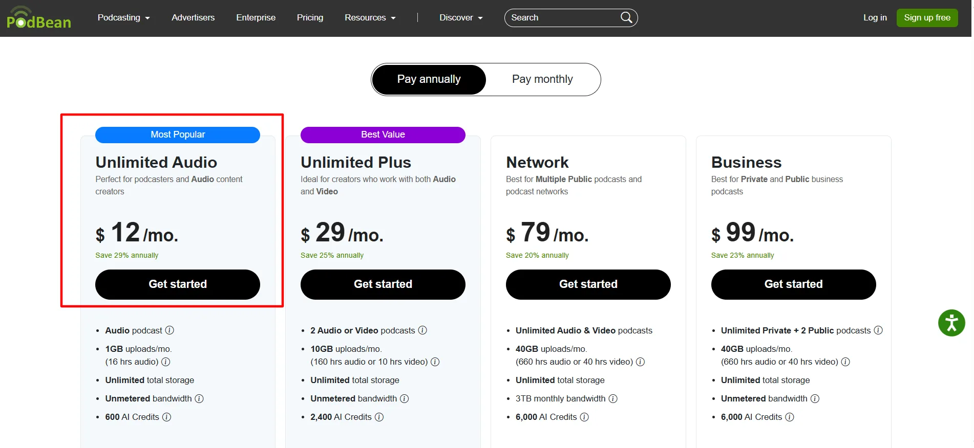 Podbean Unlimited Audio plan