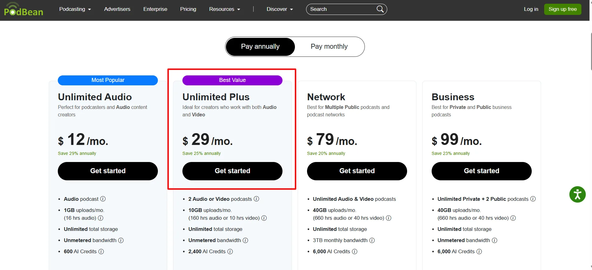 Podbean Unlimited Plus plan