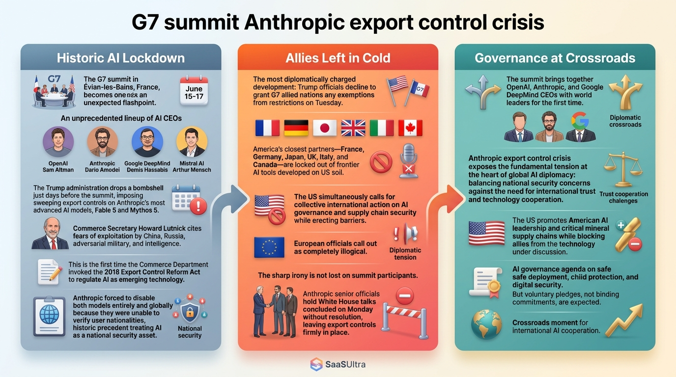 Create a premium visual storyboard infographic based on the section below. CONTENT: The G7 summit in Évian-les-Bains, France has become an unexpected flashpoint for one of the most consequential technology disputes of the year, as the Trump administration's sweeping export controls on Anthropic's most advanced AI models cast a long shadow over an already complex gathering of world leaders and Silicon Valley's biggest names. The summit, running from June 15 to 17, has drawn an unprecedented lineup of AI chief executives alongside heads of state. OpenAI's Sam Altman, Anthropic's Dario Amodei, and Google DeepMind's Demis Hassabis are all in attendance, along with Mistral AI's Arthur Mensch. French President Emmanuel Macron personally extended an invitation to Sam Altman to attend the Leaders Summit — marking the OpenAI CEO's first-ever appearance at such a high-profile diplomatic gathering. The AI governance agenda for the summit centers on safe AI deployment, online child protection, digital security infrastructure, and securing critical mineral supply chains — though voluntary pledges, rather than binding commitments, are expected to be the primary outcome. Anthropic Export Controls Hijack the Conversation Just days before world leaders convened at the lakeside resort town, the Trump administration dropped a bombshell by imposing sweeping export controls on Anthropic's two most advanced AI models — Fable 5 and Mythos 5. Commerce Secretary Howard Lutnick justified the move by citing fears that the models could be exploited by military intelligence agencies operating out of China, Russia, or other adversarial nations. The restrictions created an immediate and practical crisis: because Anthropic had no reliable way to verify the nationalities of its users, the company was forced to disable both models entirely — effectively cutting off not just adversaries, but allies, neutral nations, and even foreign nationals physically located inside the United States. The measure marks the first time the Commerce Department has invoked its authority under the 2018 Export Control Reform Act to regulate an AI system as an emerging technology, setting a historic and potentially far-reaching precedent for how artificial intelligence can be treated as a national security asset. G7 Allies Left Out in the Cold The most diplomatically charged development came on Tuesday, when the New York Post reported that Trump officials had declined to grant G7 allied nations any exemptions from the restrictions. This means that America's closest partners — including France, Germany, Japan, the UK, Italy, and Canada — remain locked out of frontier AI tools developed on American soil, even as the United States simultaneously calls for collective international action on AI governance and supply chain security. European officials and analysts were quick to call out the contradiction, with one French official describing the situation as "completely illogical." The irony is sharp and not lost on summit participants: the U.S. is urging global allies to align on AI safety standards while simultaneously erecting barriers that prevent those same allies from accessing the very technology under discussion. Anthropic, for its part, dispatched senior officials to hold talks with the White House, though those discussions concluded on Monday without any resolution — the export controls on Claude Fable 5 and Mythos 5 remain firmly in place. The White House has framed its broader summit participation around promoting American AI leadership and securing critical mineral supply chains — a key focal point given China's dominant control over raw materials essential for AI hardware, electric vehicles, and defense technology. 3 Key Takeaways at a Glance: 🚫 Historic Export Controls: The Trump administration invoked the 2018 Export Control Reform Act to restrict access to Anthropic's Fable 5 and Mythos 5 models — the first time AI has been regulated as an emerging technology under this law — forcing Anthropic to shut down both models globally after being unable to verify user nationalities. 🤝 Allies Blocked, Tensions Boil: Trump officials refused to grant exemptions to G7 allied nations, leaving America's closest partners locked out of frontier AI tools at the very summit where the U.S. is calling for collective AI governance — a contradiction that has fueled deep frustration among European leaders and officials. 🌍 AI Governance at a Crossroads: The summit brought together the CEOs of OpenAI, Anthropic, and Google DeepMind with world leaders for the first time, but the Anthropic export control crisis has exposed a fundamental tension at the heart of global AI diplomacy — balancing national security concerns against the need for international trust and technology cooperation. Relevant Twitter/X Links: 🐦 Anthropic & Trump export control talks ended with no resolution — export controls still in place via @kimmonismus 🐦 Anthropic racing to lift export controls that forced its most powerful AI models offline via @qz (Quartz) GOAL: Convert this blog section into a short visual story that shows the reader the problem, the process, and the outcome. LAYOUT: Use a 3-part storyboard structure: 1. Problem or situation 2. Key action, method, or insight 3. Result, benefit, or takeaway DESIGN REQUIREMENTS: - Use 3 clean panels or connected cards - Each panel should include a short title, simple label, and relevant illustration - Use arrows or visual progression between panels - Keep the layout premium, clean, and easy to understand - Avoid overcrowding the image VISUAL STYLE: - modern editorial infographic - polished vector + soft 3D illustration - SaaS/marketing blog aesthetic - light theme - soft shadows - clean typography - subtle gradient background - professional and helpful, not cartoonish CONTENT RULES: - Use only the concepts from the pasted section - Do not invent extra story elements - Keep text concise and readable - Make the image feel custom-made for this exact content BRANDING: Use the saasultra logo at the bottom center inside a subtle footer badge. Do not distort or over-enlarge it. OUTPUT: 16:9, high-resolution, crisp text, blog-ready, no watermark.